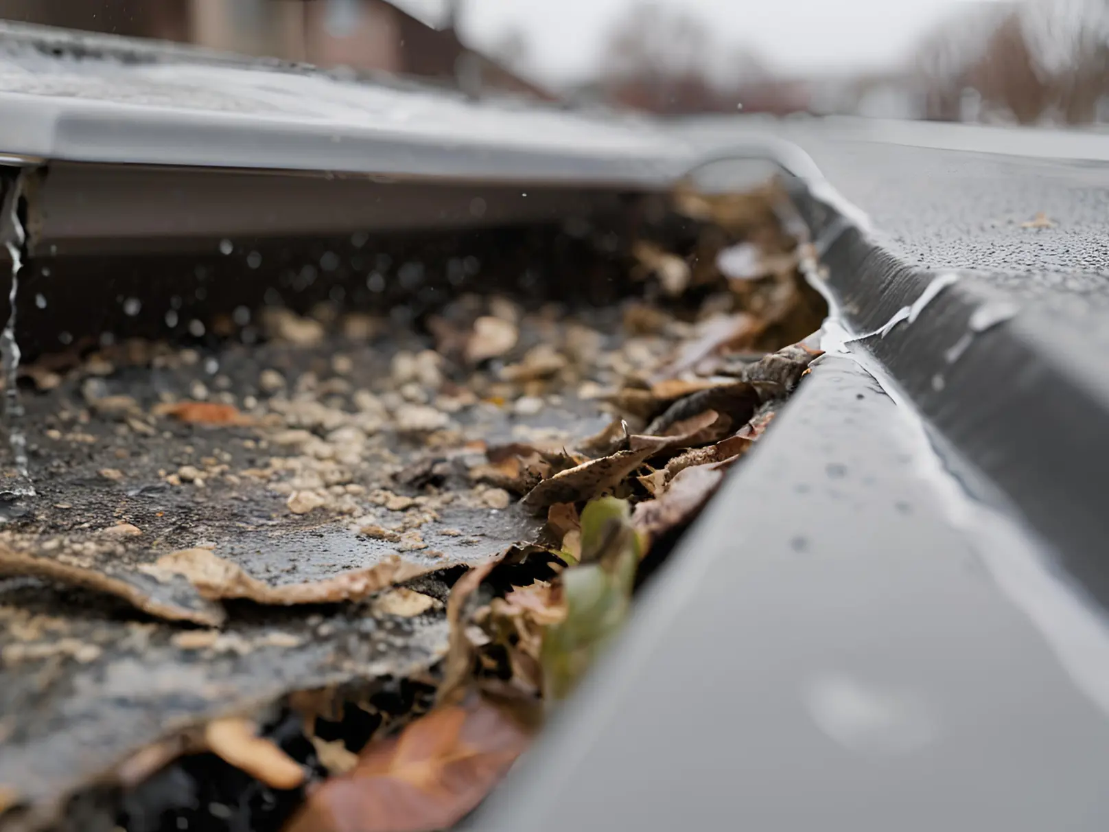 Dented gutter full of leaves in rain storm