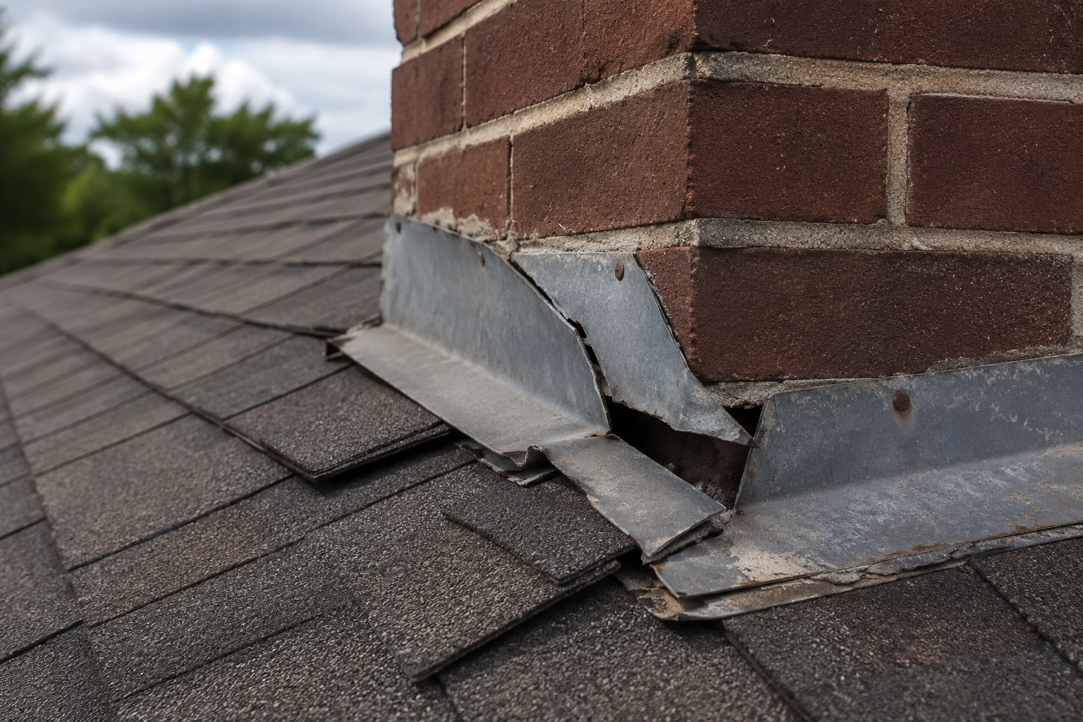 chimney flashing damage on shingle roof in mckinney texas