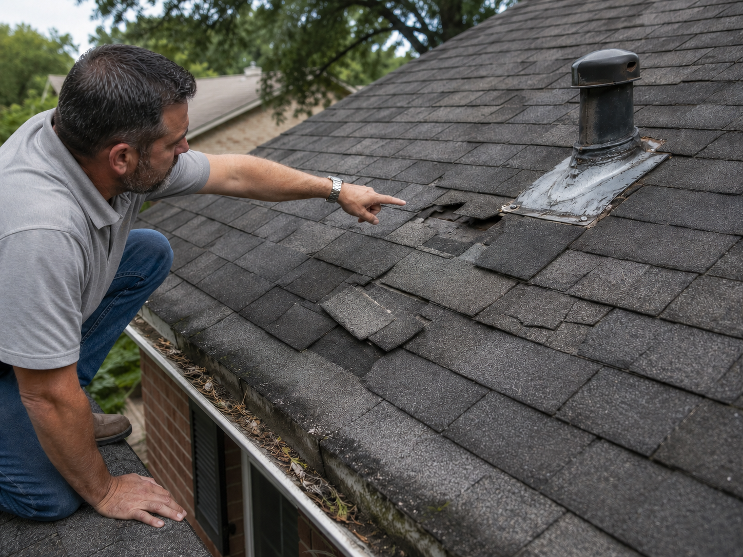 Caldwell Exteriors roofing contractor inspecting damaged and lifted shingles around a roof vent in Irving, Texas – identifying areas that may require roof repair.