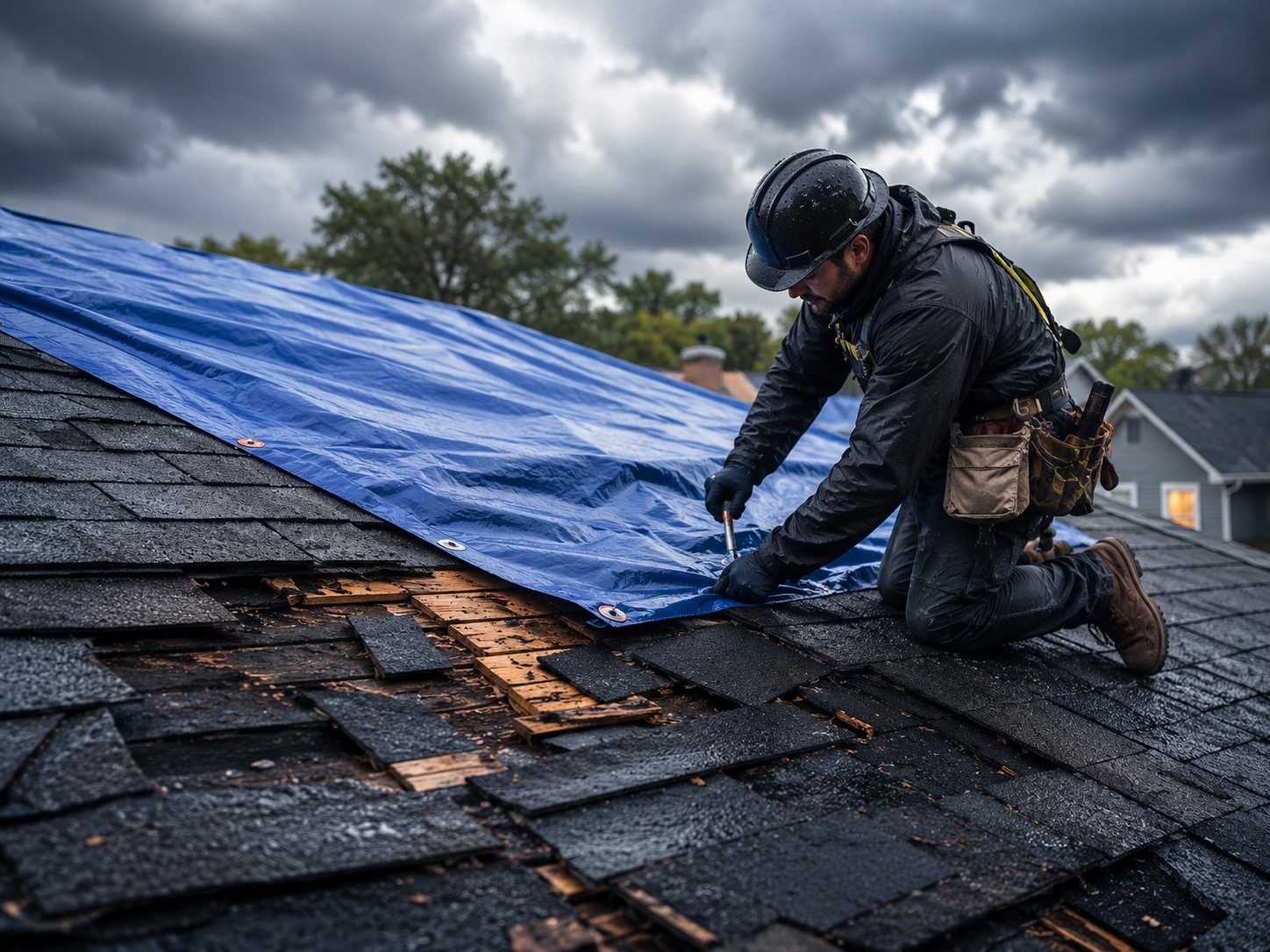 Caldwell Exteriors roofer securing a temporary tarp over storm-damaged shingles in Texas – providing emergency roof repair and leak protection.