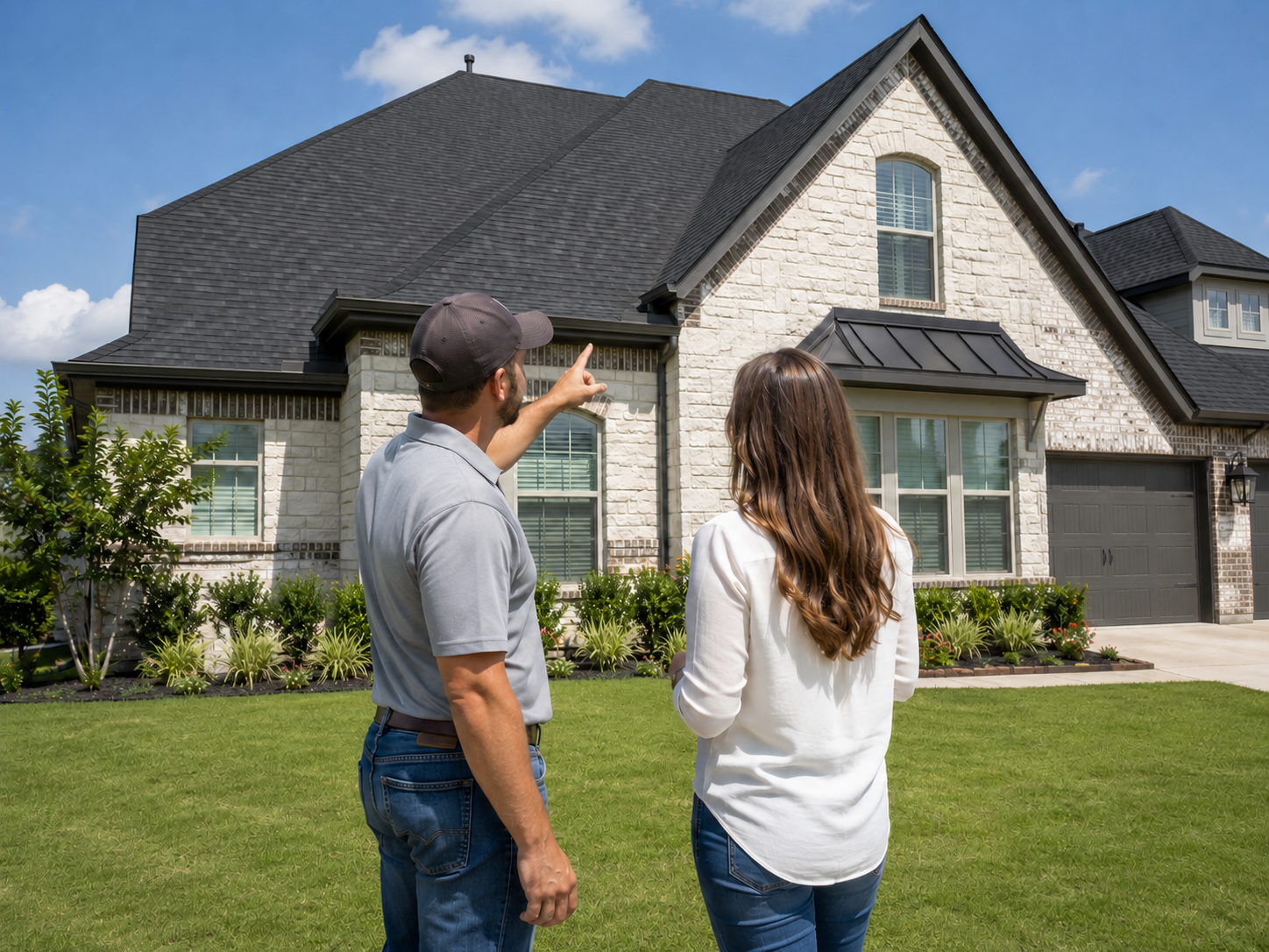 Caldwell Exteriors roofing contractor reviewing a completed residential roof with a homeowner in McKinney, Texas during the final roof walkthrough.