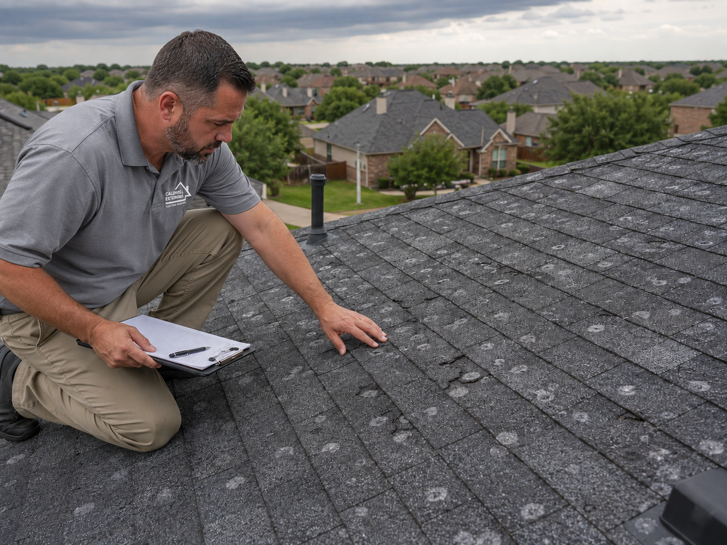 Caldwell Exteriors roofing contractor inspecting and documenting hail damage on asphalt shingles during a residential roof inspection in Irving, Texas.