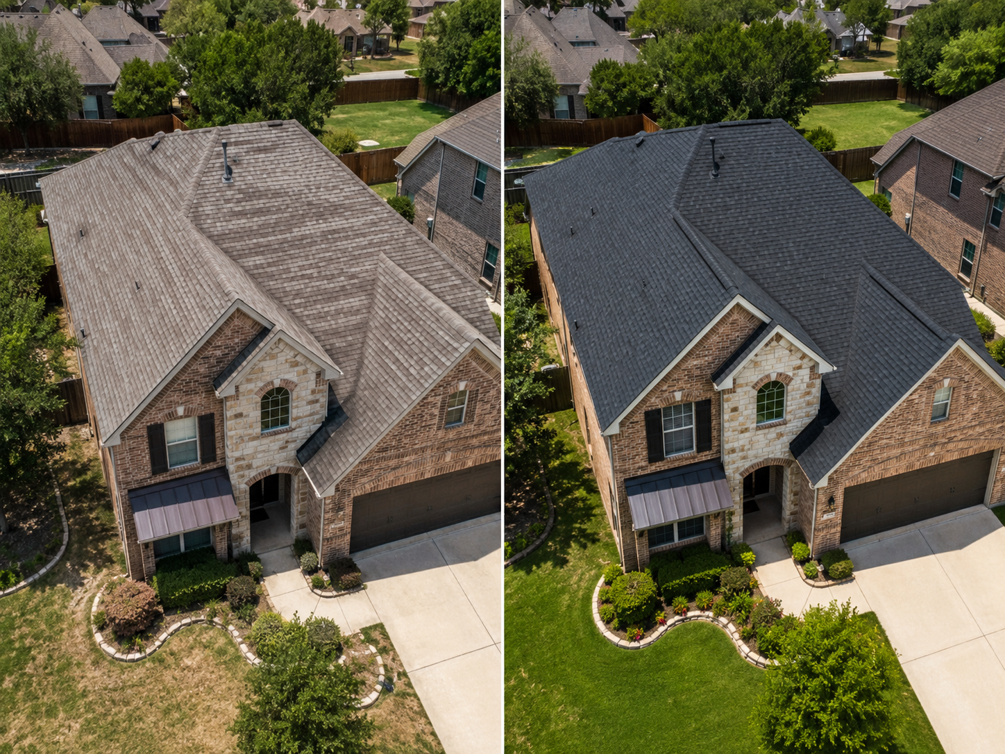 Before and after photos of a Caldwell Exteriors roof transformation on a residential home in Dallas, Texas.
