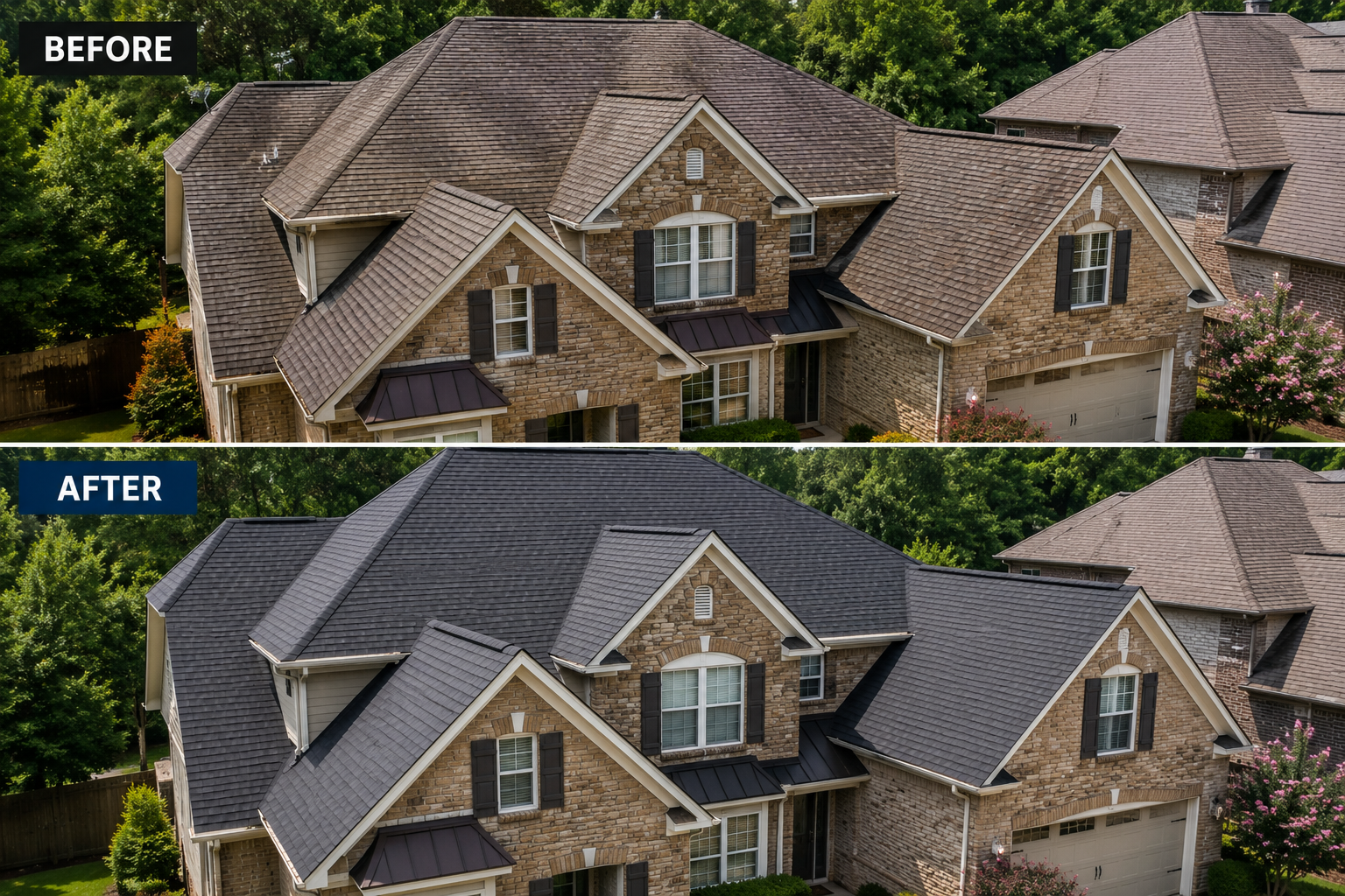 Before and after photos of a Caldwell Exteriors roof transformation on a residential home in Duluth, Georgia