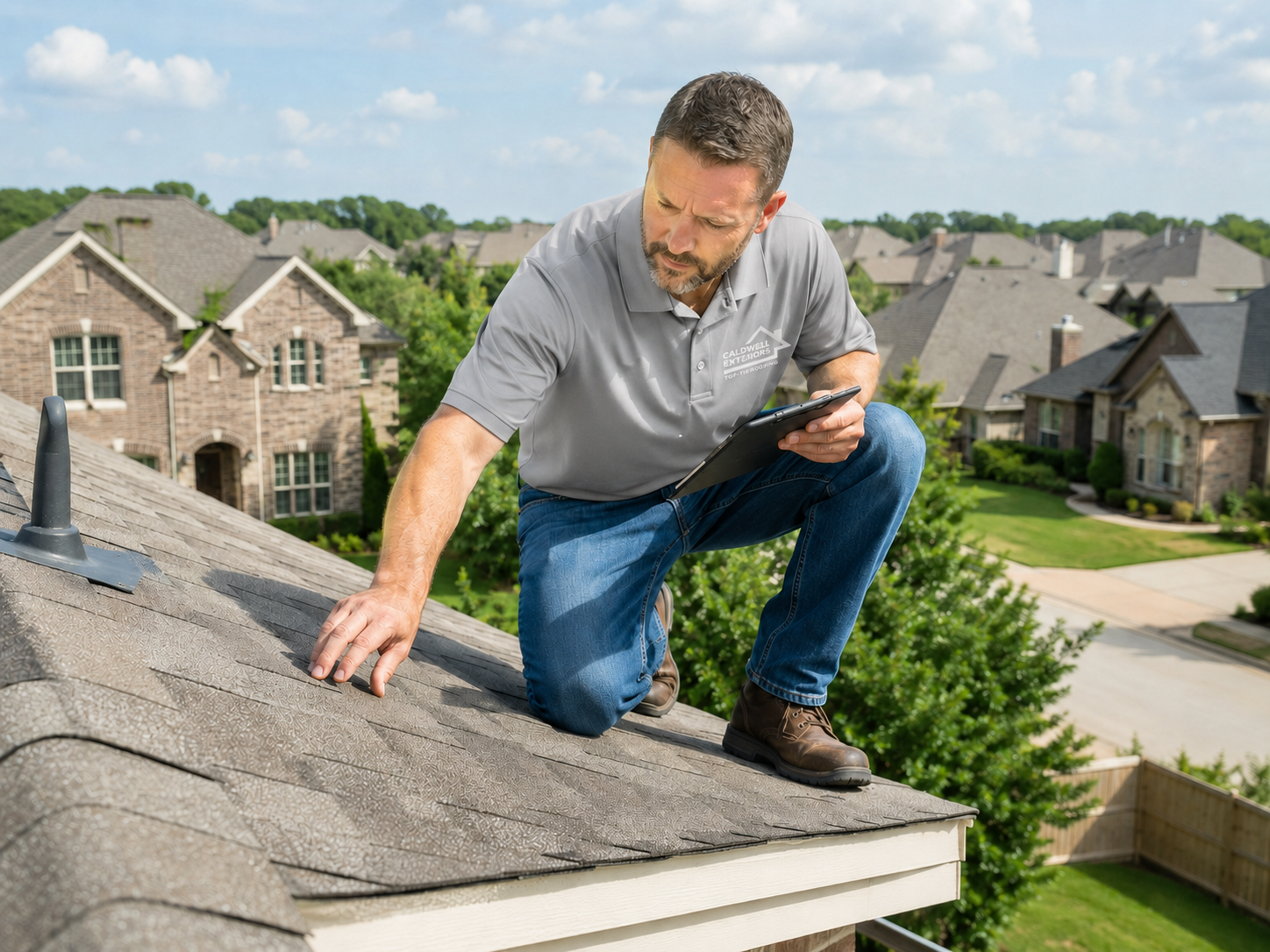 Caldwell Exteriors roofing contractor inspecting asphalt shingles and documenting roof conditions during a residential roof inspection in McKinney, Texas.