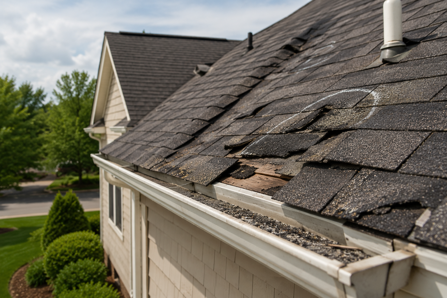 Damaged asphalt shingles and roof wear on a residential home in Duluth, Georgia