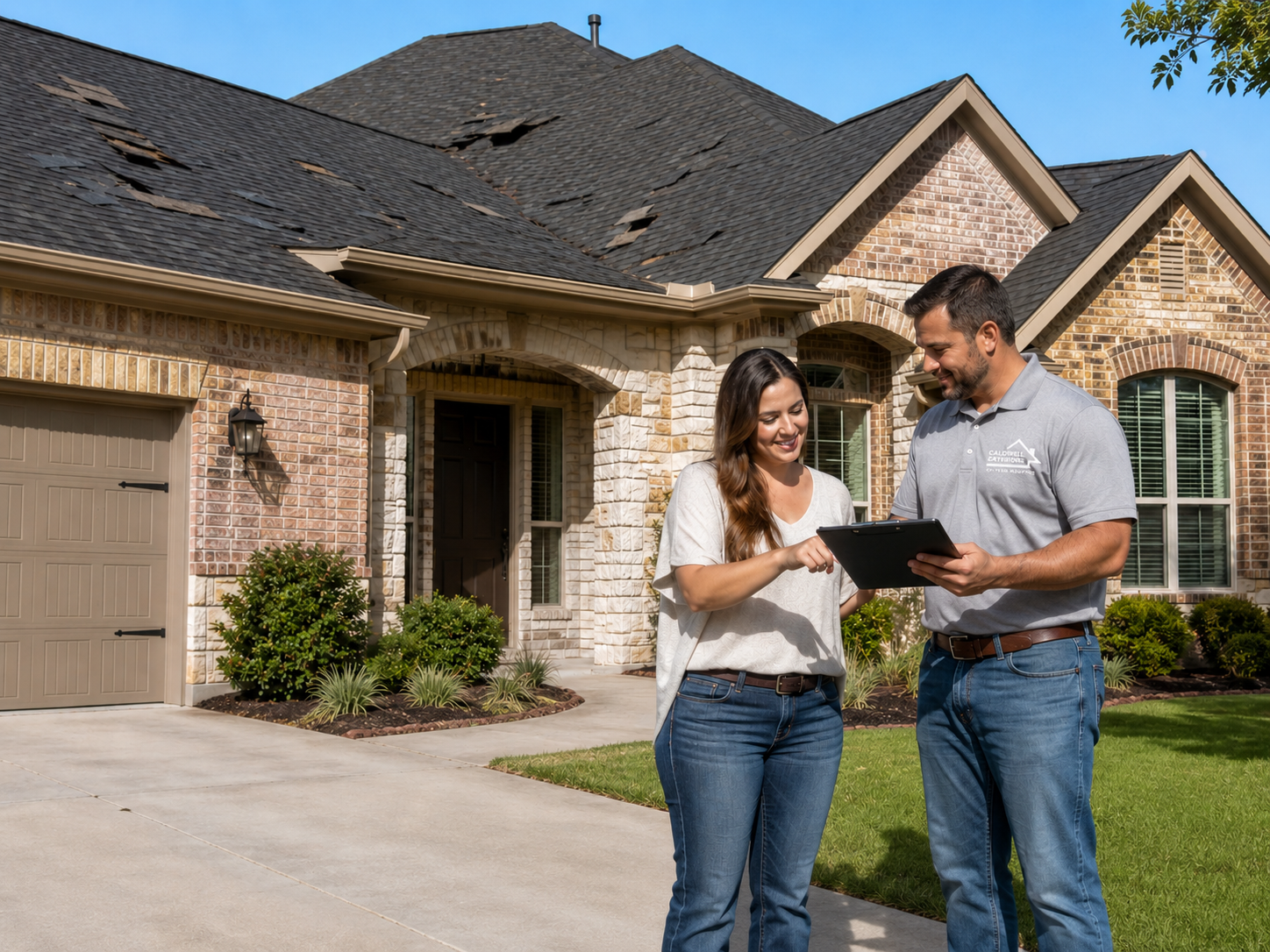Caldwell Exteriors roofing contractor inspecting and documenting roof damage with a homeowner in Texas – providing professional roof inspection and damage documentation for insurance claim assistance.