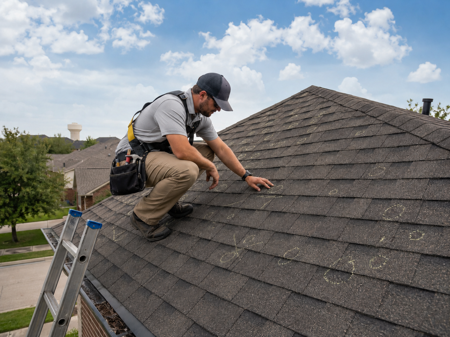 Caldwell Exteriors roofing contractor inspecting asphalt shingles and marking possible hail damage on a residential roof in Irving, Texas.