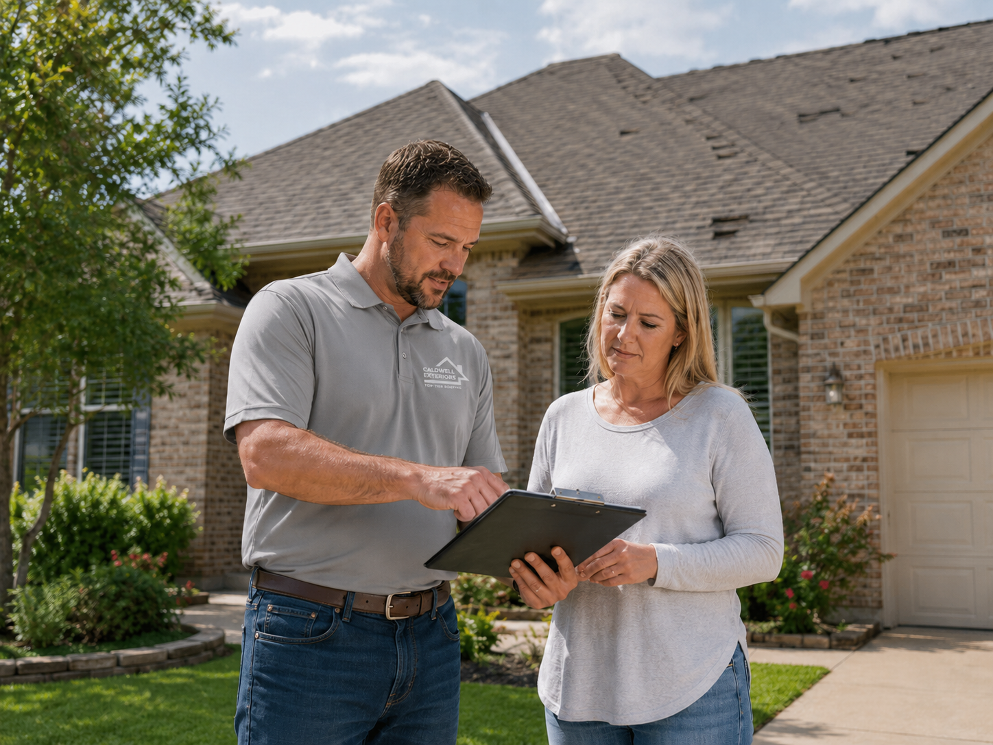 Caldwell Exteriors roofing contractor reviewing roof inspection findings and recommended next steps with a homeowner in McKinney, Texas.
