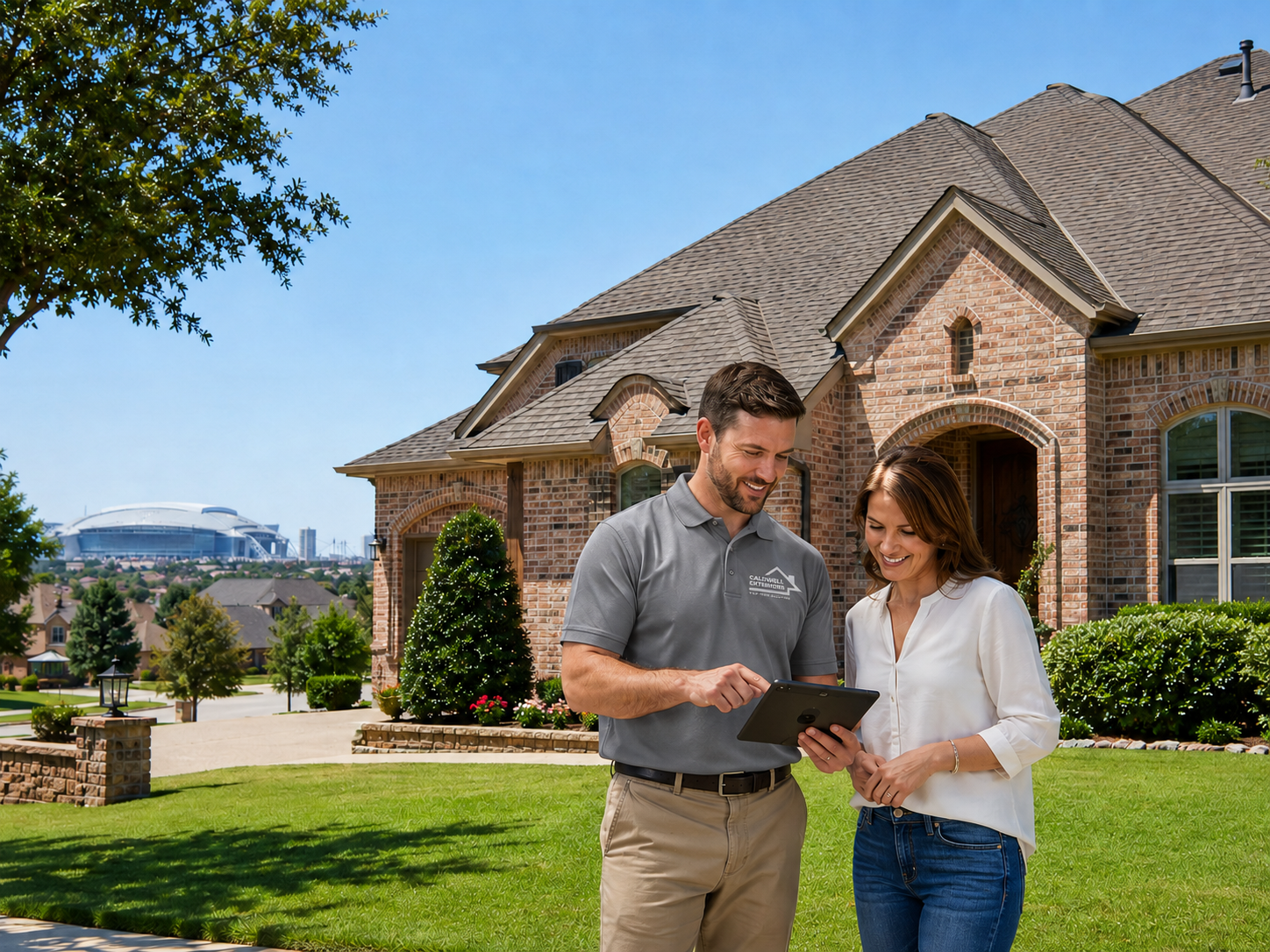 Caldwell Exteriors roofing contractor reviewing roof inspection details with a homeowner in Arlington, Texas – providing professional insurance claim assistance.