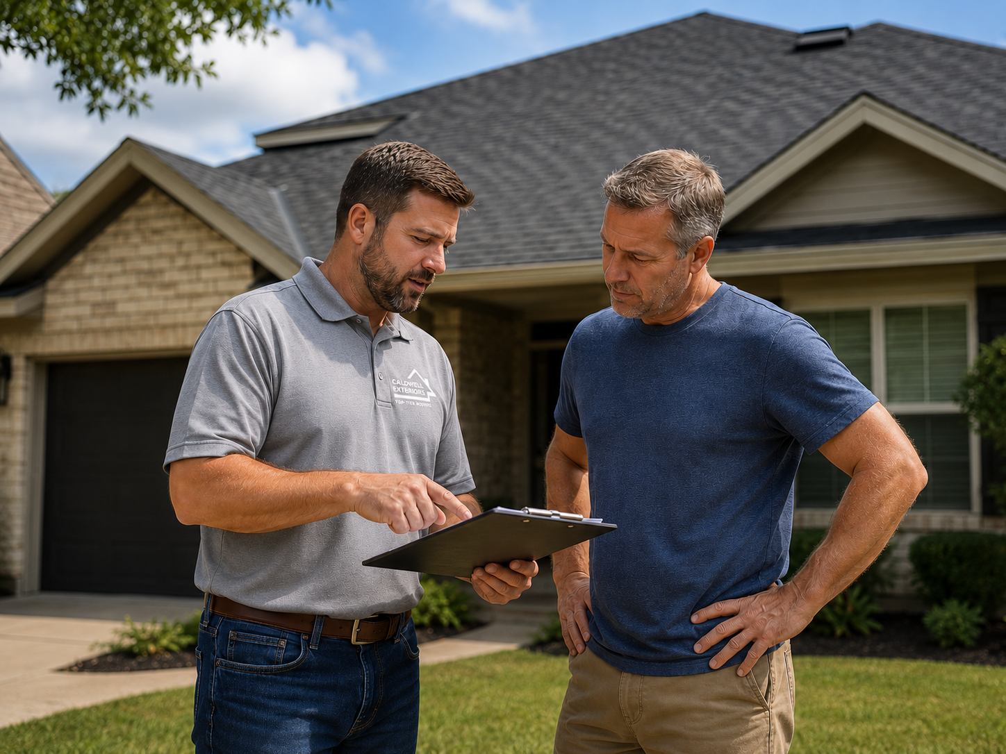 Caldwell Exteriors roofing contractor reviewing roof inspection and insurance claim details with a homeowner in Irving, Texas.