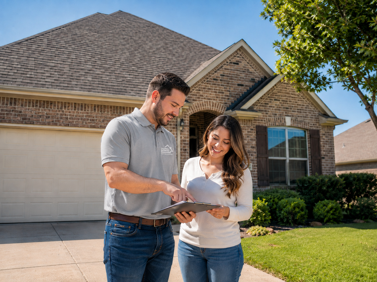 Caldwell Exteriors roofing contractor reviewing roof inspection findings and insurance claim information with a homeowner in Mesquite, Texas.