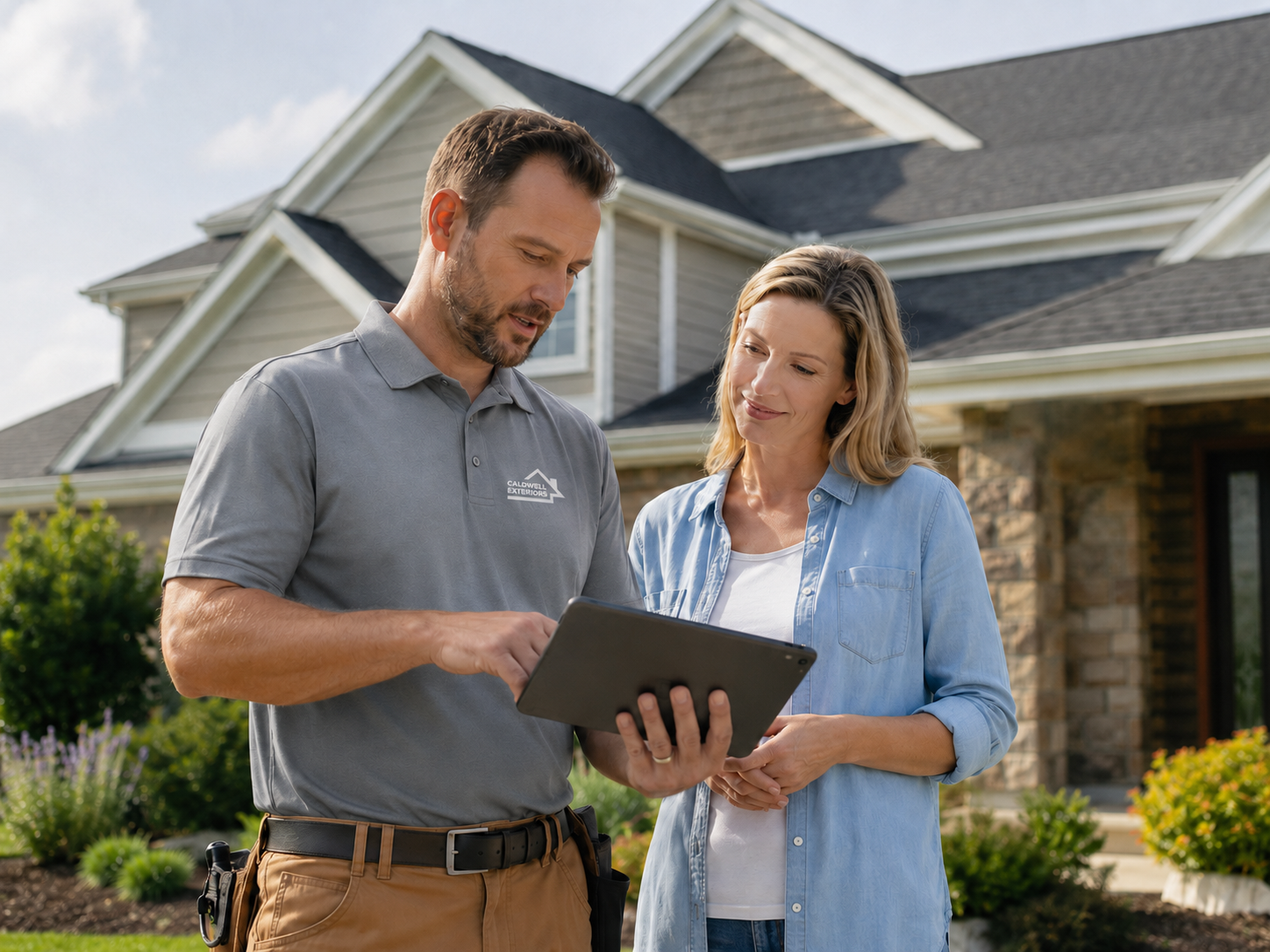 Caldwell Exteriors roofing contractor reviewing roof inspection findings and insurance claim information with a homeowner in Weatherford, Texas.