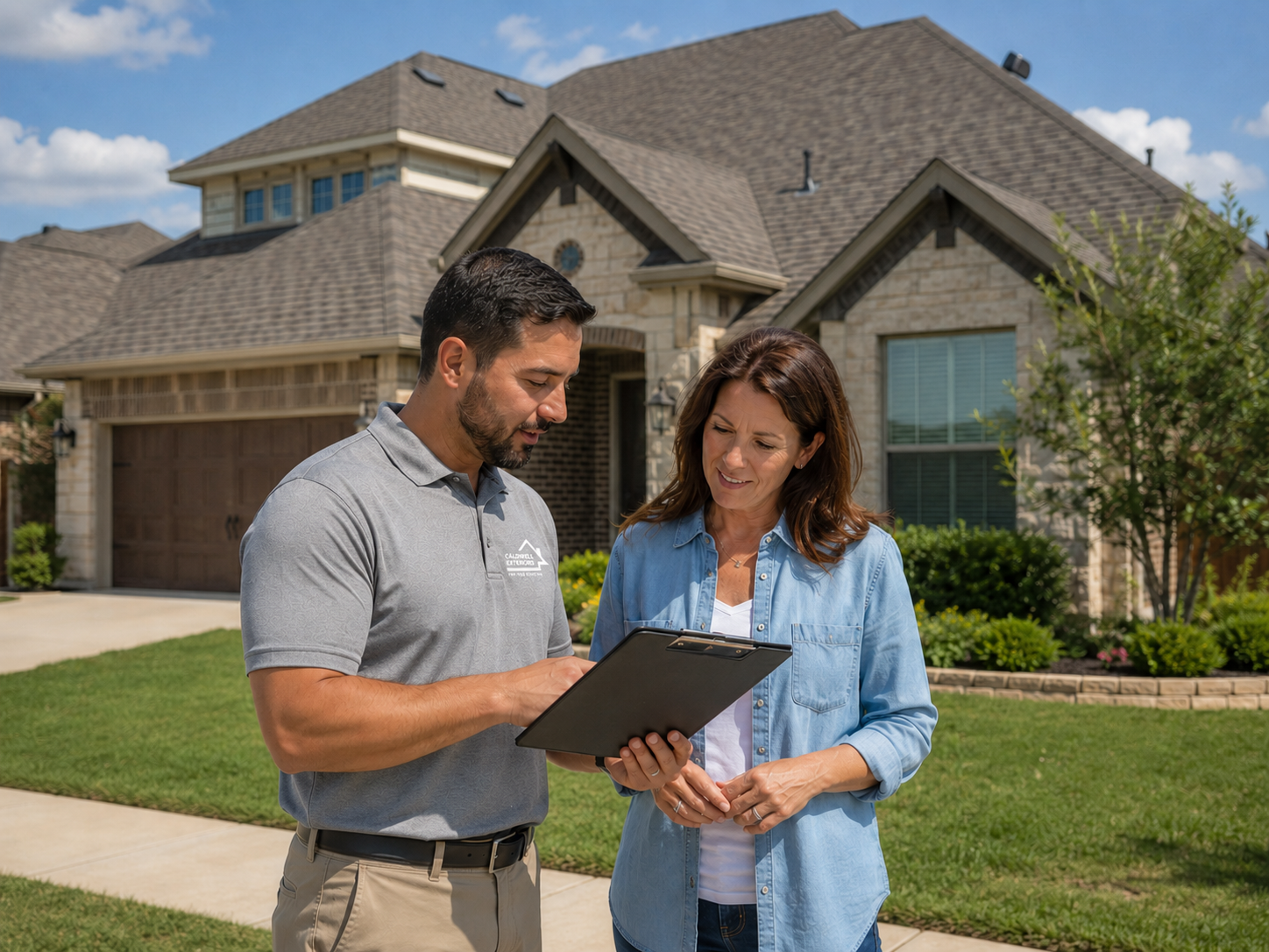 Caldwell Exteriors roofing contractor reviewing roof inspection findings and insurance claim information with a homeowner in McKinney, Texas.