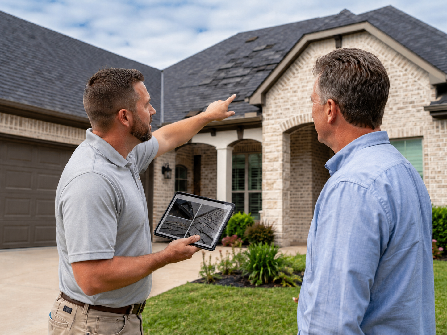 Caldwell Exteriors roofing contractor showing roof damage photos and pointing out damaged shingles to a homeowner in Plano, Texas.