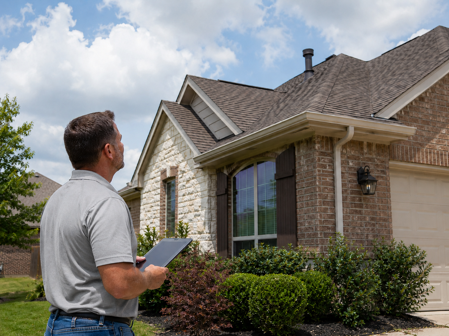 Caldwell Exteriors roofing contractor evaluating a residential roof in Garland, Texas – documenting the property condition with a tablet during a professional roof inspection.