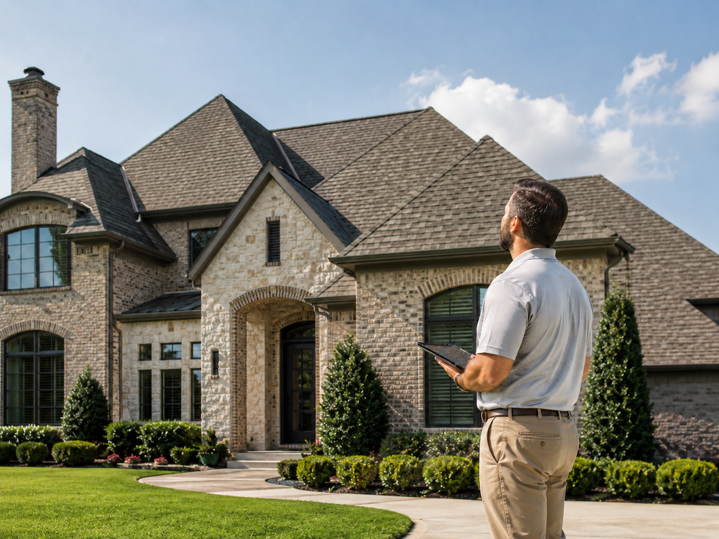 Caldwell Exteriors roofing contractor evaluating a residential roof in Frisco, Texas – documenting the property condition with a tablet during a professional roof inspection.
