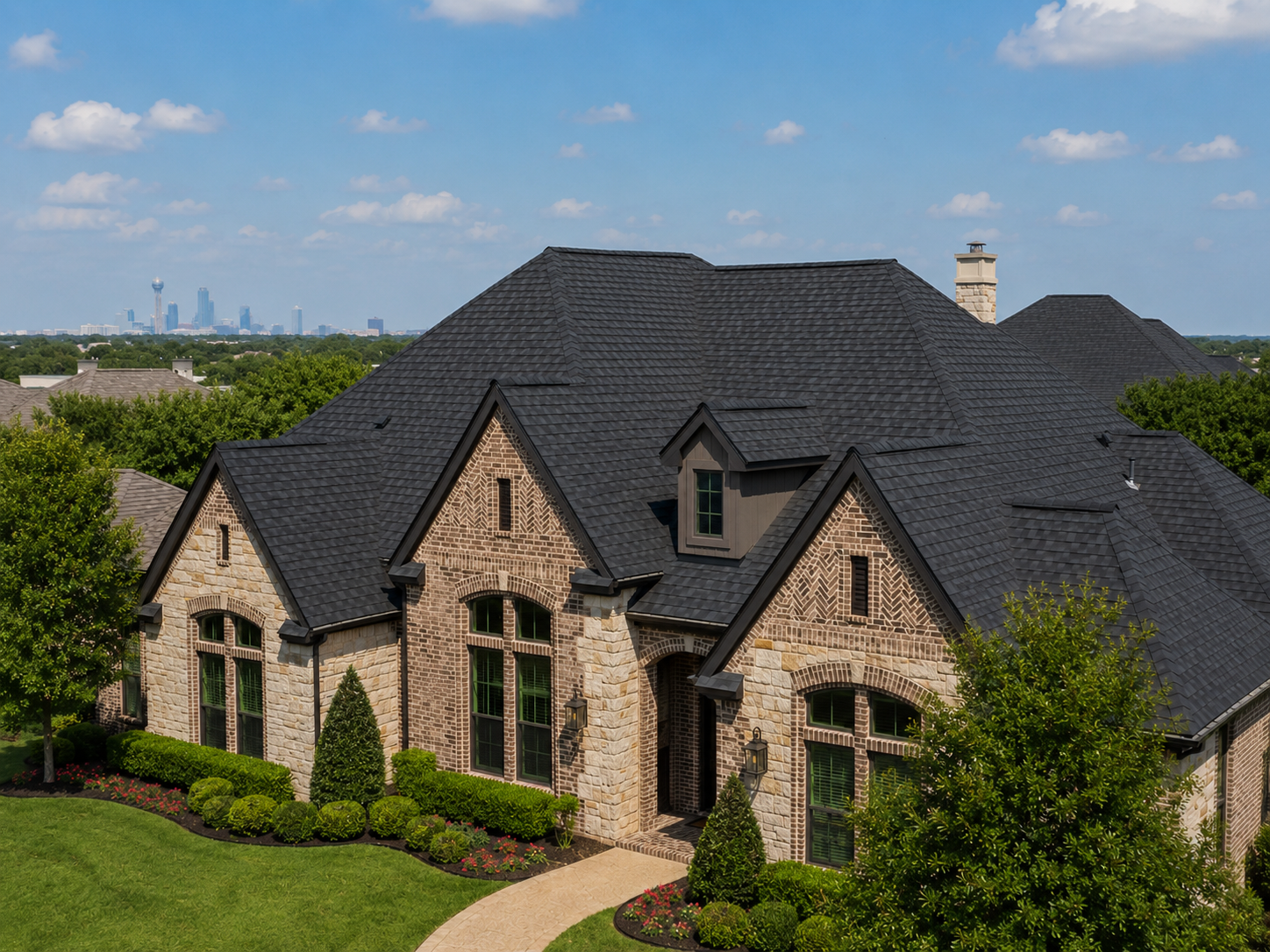 Completed roof replacement by Caldwell Exteriors on a residential home in Dallas, Texas.