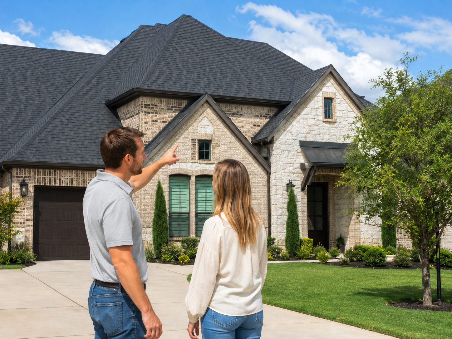 Caldwell Exteriors roofing contractor reviewing a completed residential roof with a homeowner in Frisco, Texas – professional final roof replacement walkthrough.