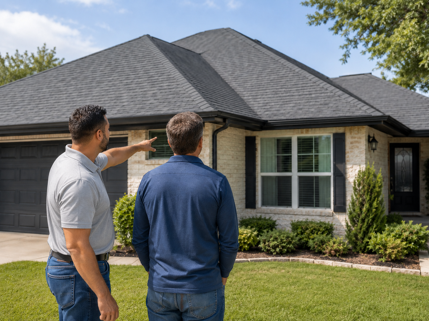 Caldwell Exteriors roofing contractor reviewing a completed residential roof with a homeowner in Garland, Texas – explaining the finished roof replacement and final inspection.