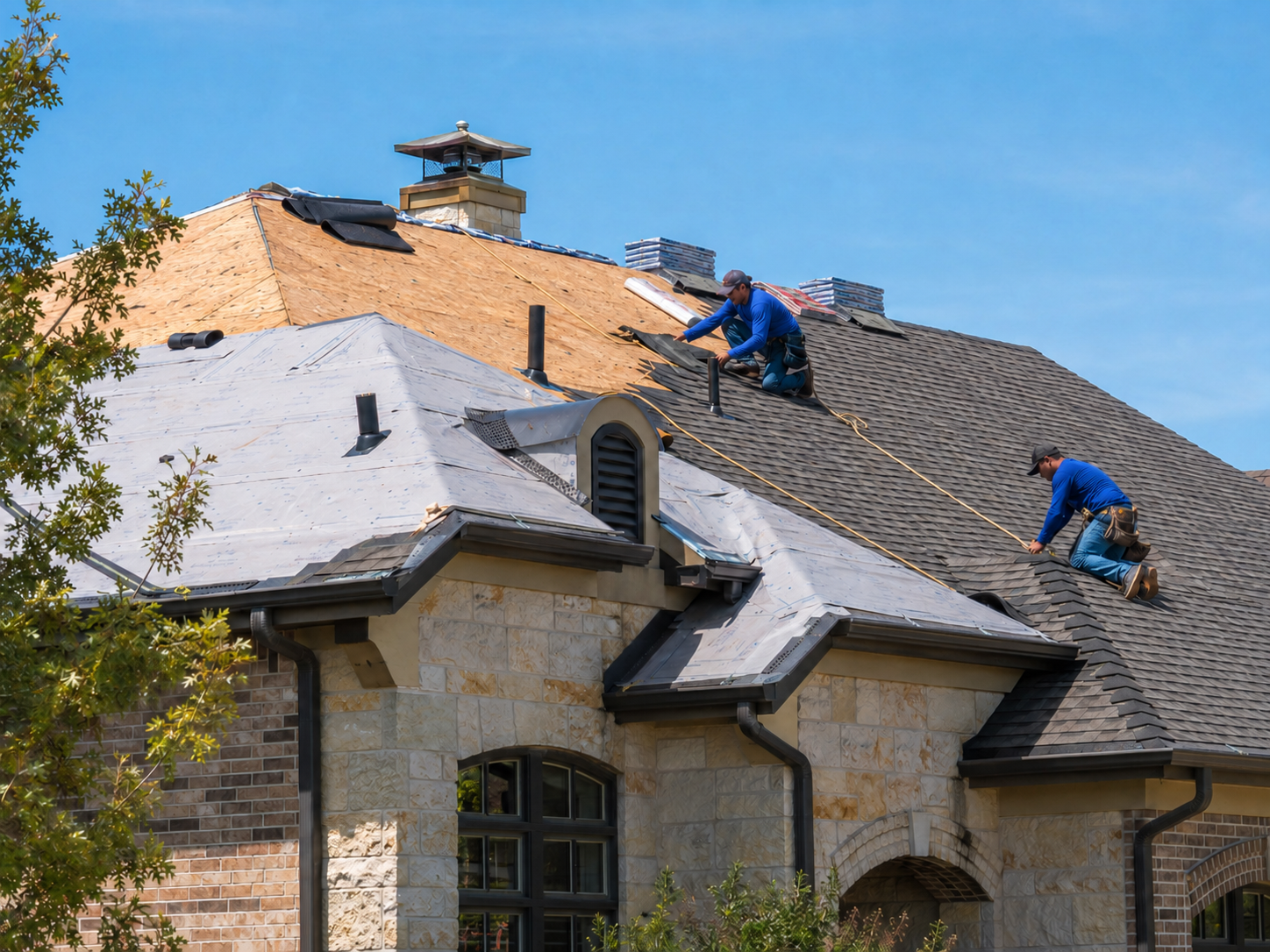 Caldwell Exteriors roofing crew installing asphalt shingles on a residential roof in Frisco, Texas – professional roof replacement in progress.