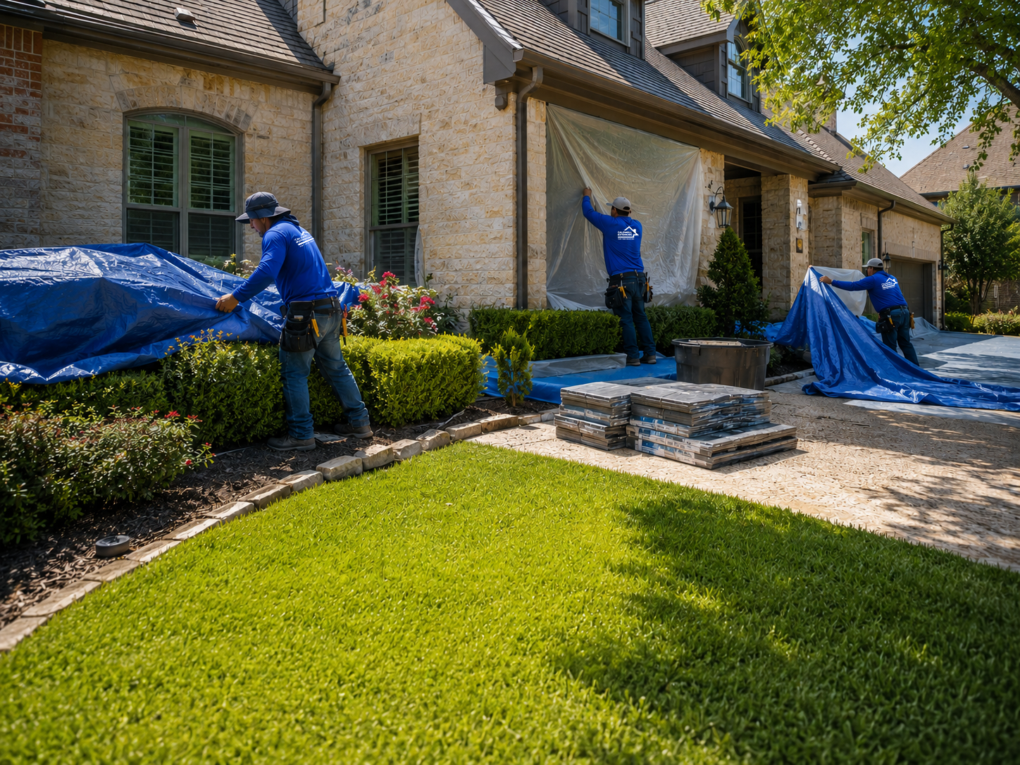 Caldwell Exteriors roofing crew protecting landscaping, windows, and exterior surfaces with tarps before a residential roof replacement in Fort Worth, Texas.