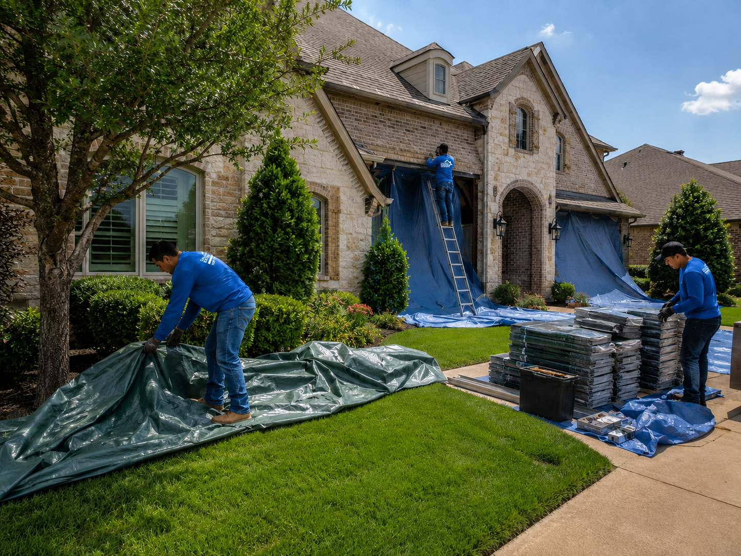 Caldwell Exteriors roofing crew protecting a residential property and preparing roofing materials during a roof replacement in Frisco, Texas.