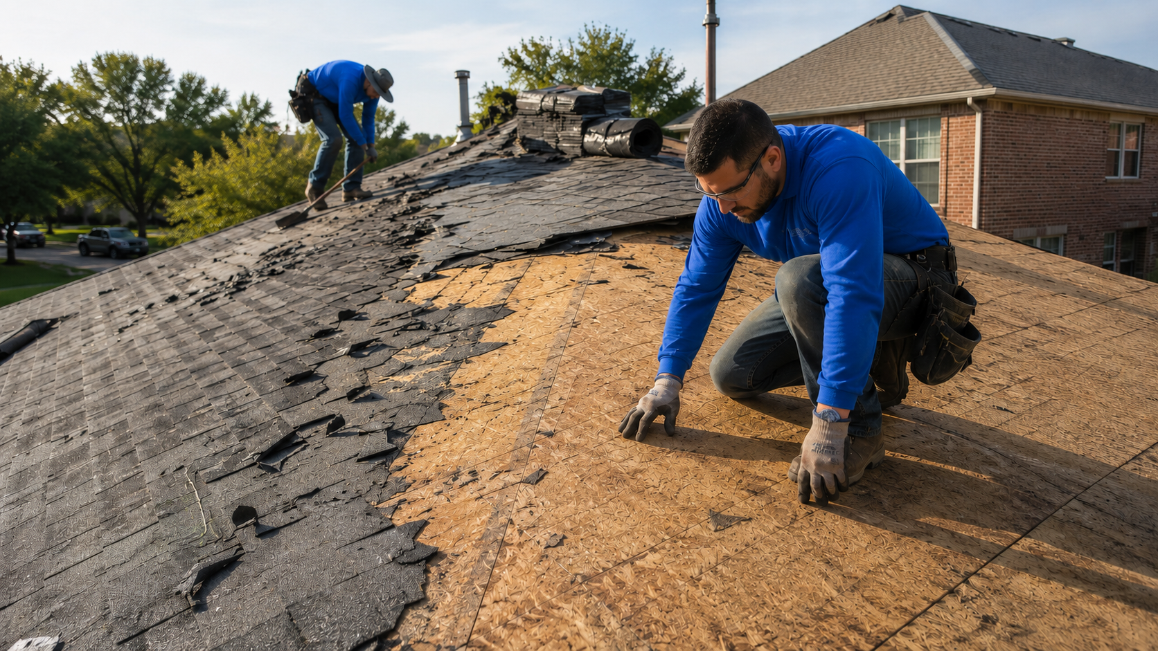 Caldwell Exteriors roofing crew removing old shingles and inspecting exposed roof decking during a residential roof replacement in Fort Worth, Texas.