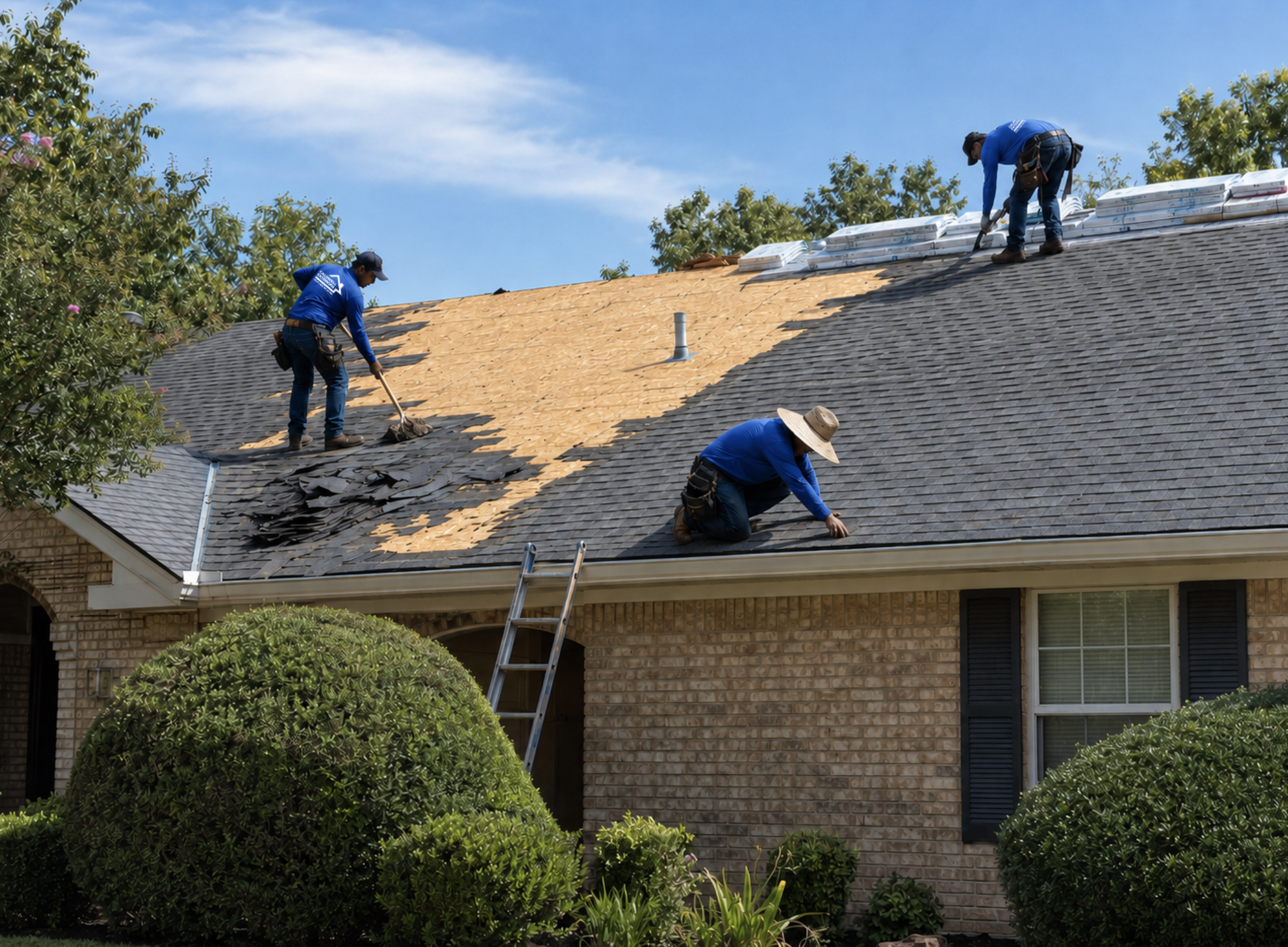 Caldwell Exteriors roofing crew removing old shingles and preparing exposed roof decking during a residential roof replacement in Garland, Texas.