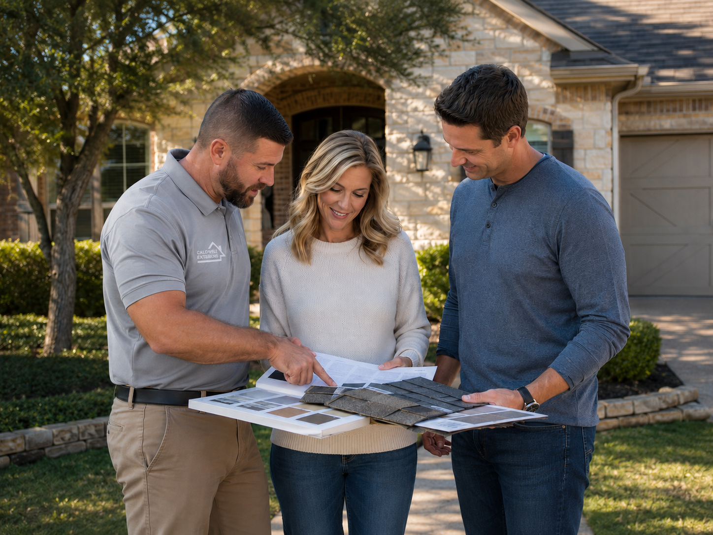 Caldwell Exteriors roofing contractor reviewing shingle samples and roofing material options with homeowners in Fort Worth, Texas – helping them choose the right roof system for their home.