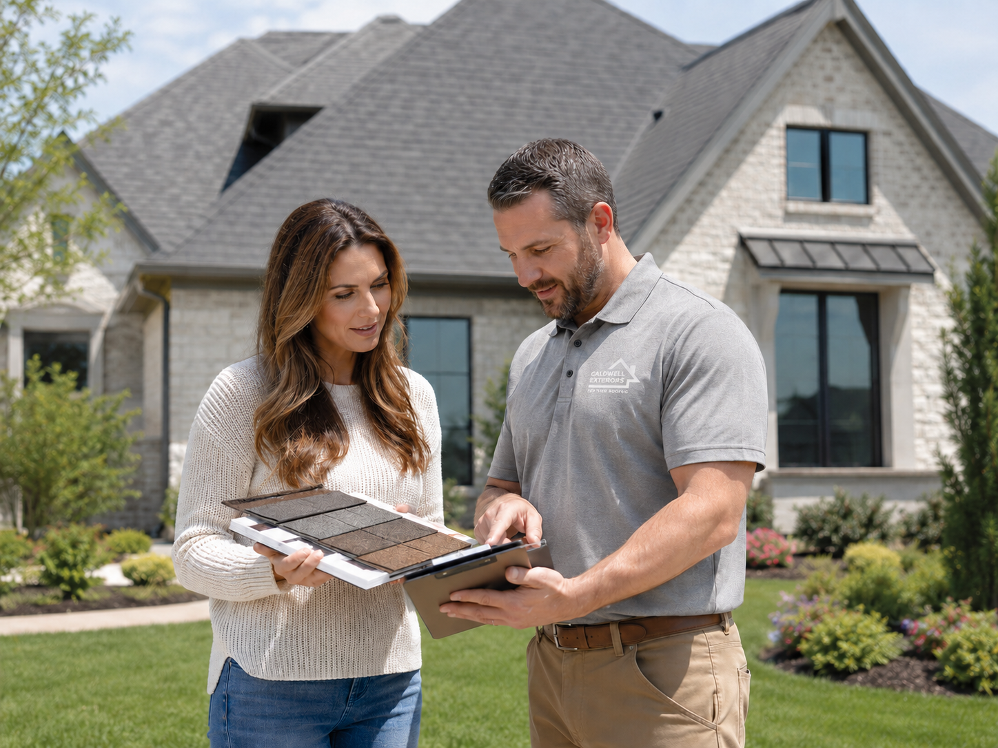 Caldwell Exteriors roofing contractor reviewing shingle color and material options with a homeowner in Frisco, Texas – helping select the right roofing system for the home.