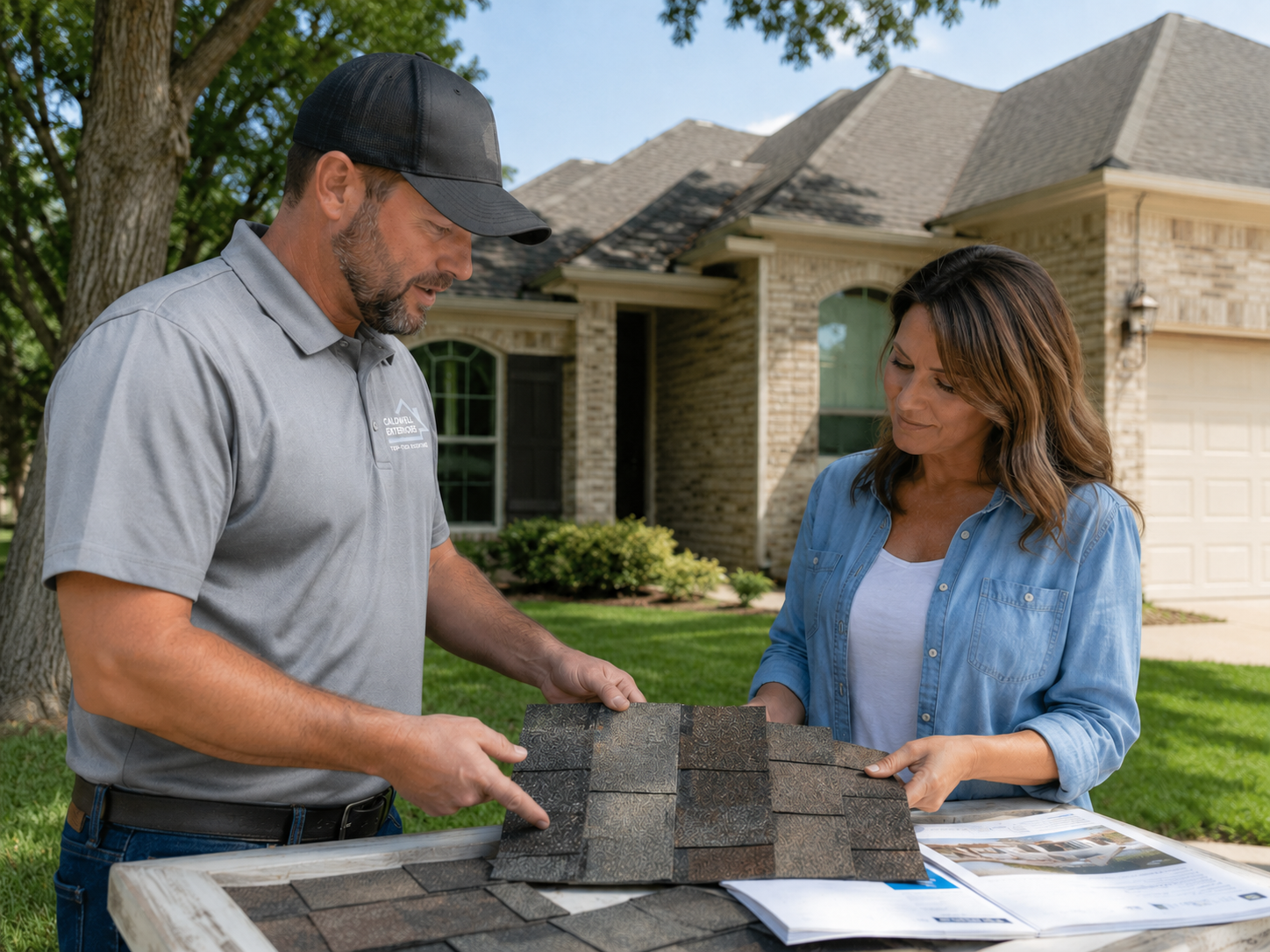Caldwell Exteriors roofing contractor reviewing asphalt shingle color and material options with a homeowner in Garland, Texas – helping select the right roofing system for the home.