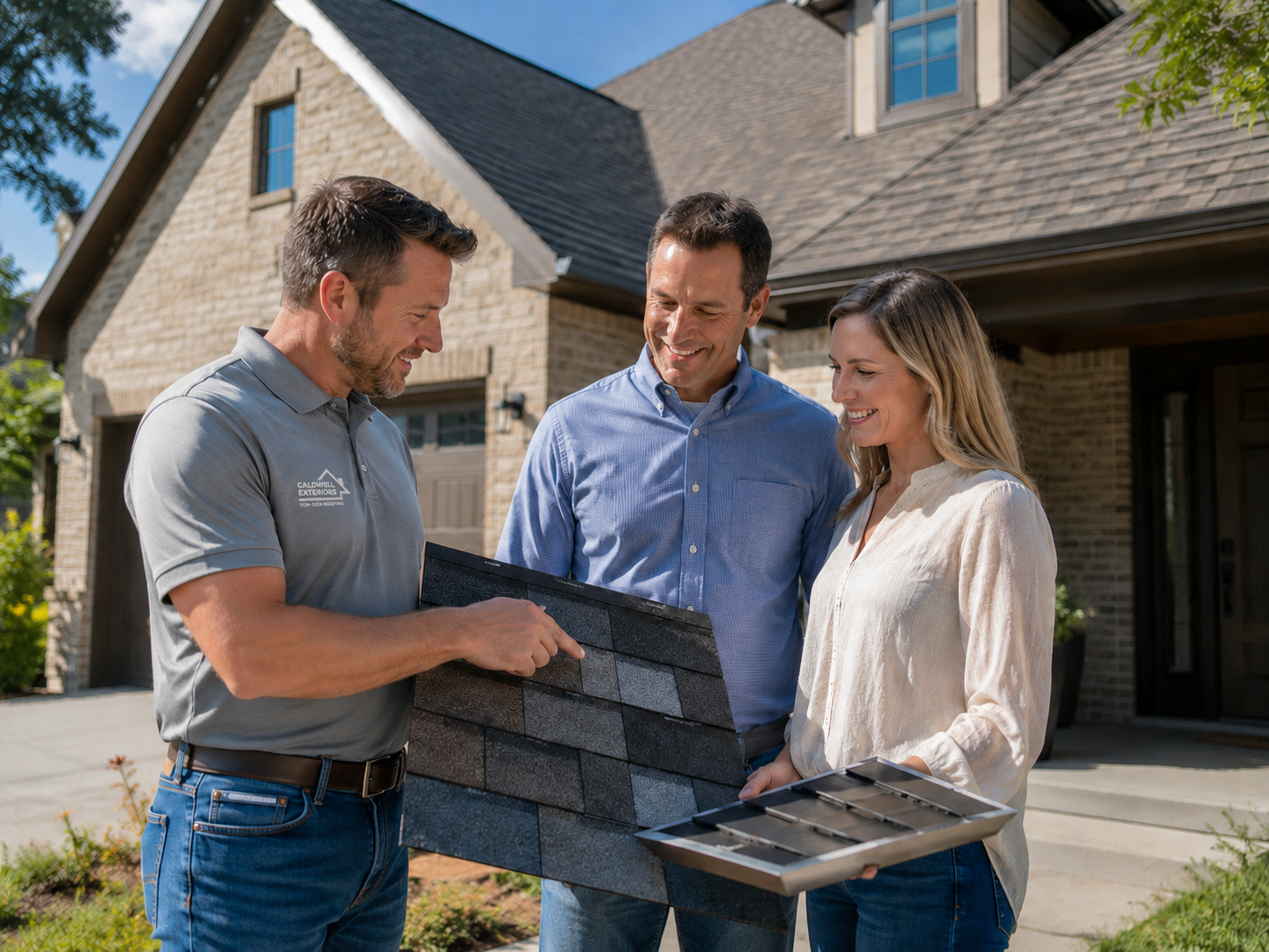 Caldwell Exteriors roofing contractor reviewing asphalt shingle colors and roofing material options with homeowners in McKinney, Texas.
