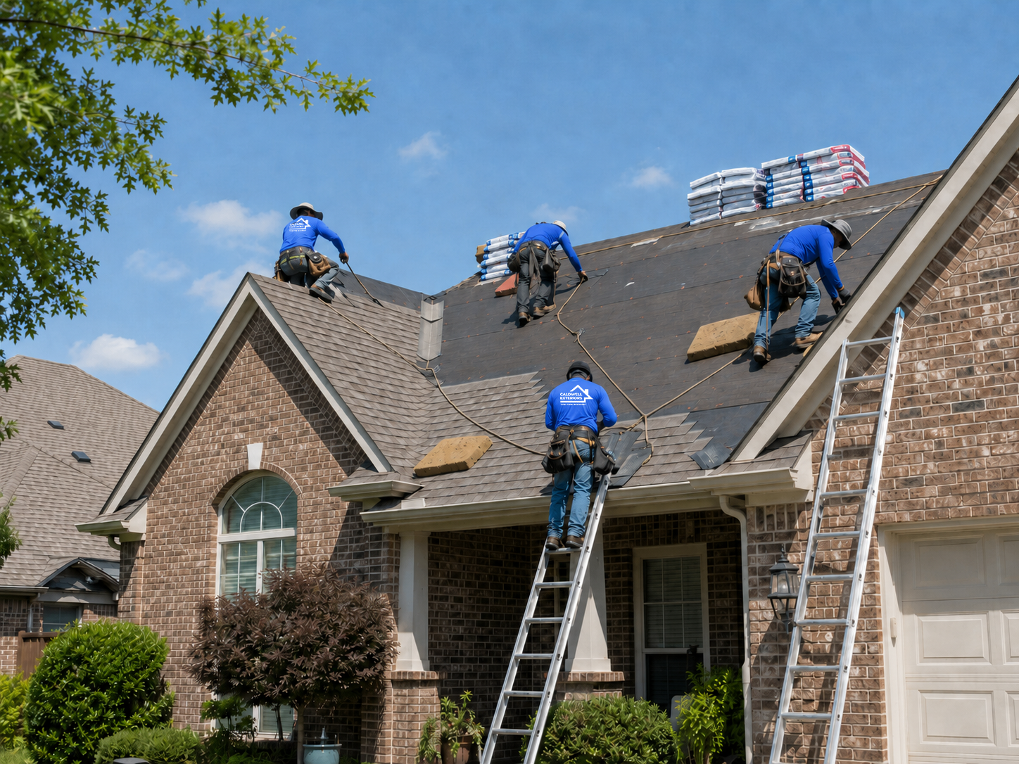 Roofing crew in royal blue shirts working on a residential brick home roof with ladders and roofing materials on a sunny day.