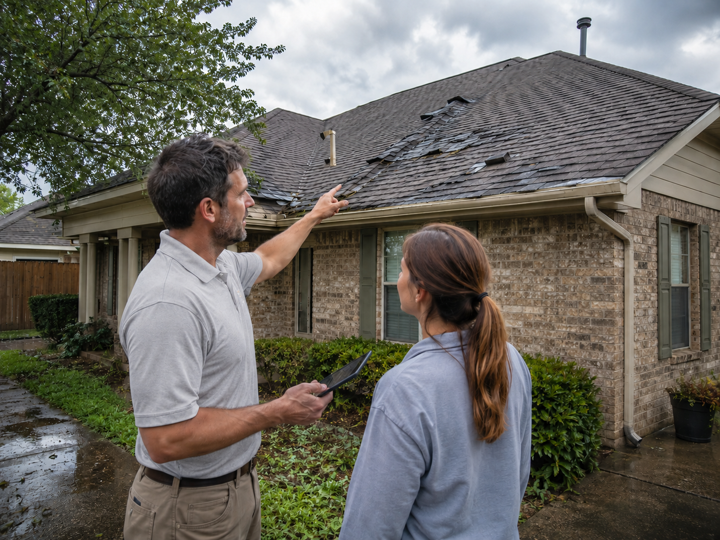 Caldwell Exteriors roofing contractor pointing out lifted and damaged shingles to a homeowner in Garland, Texas – documenting storm damage during a professional roof inspection.