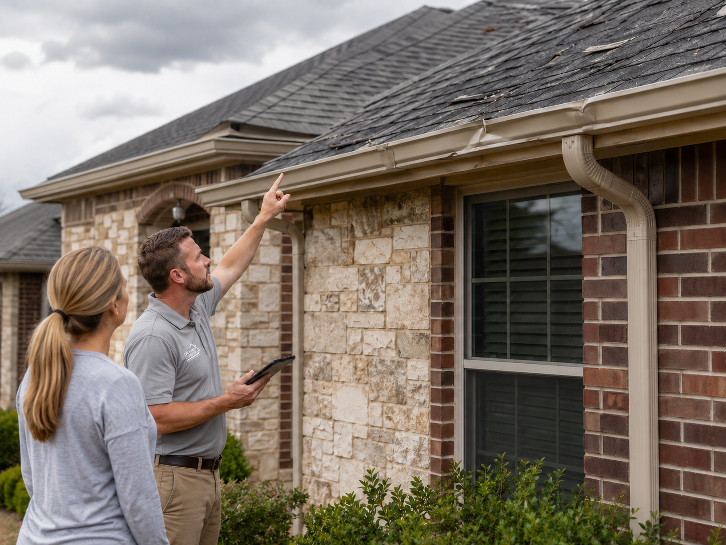 Caldwell Exteriors roofing contractor pointing out storm damage and damaged gutters to a homeowner in Fort Worth, Texas – documenting roof conditions during a professional inspection.