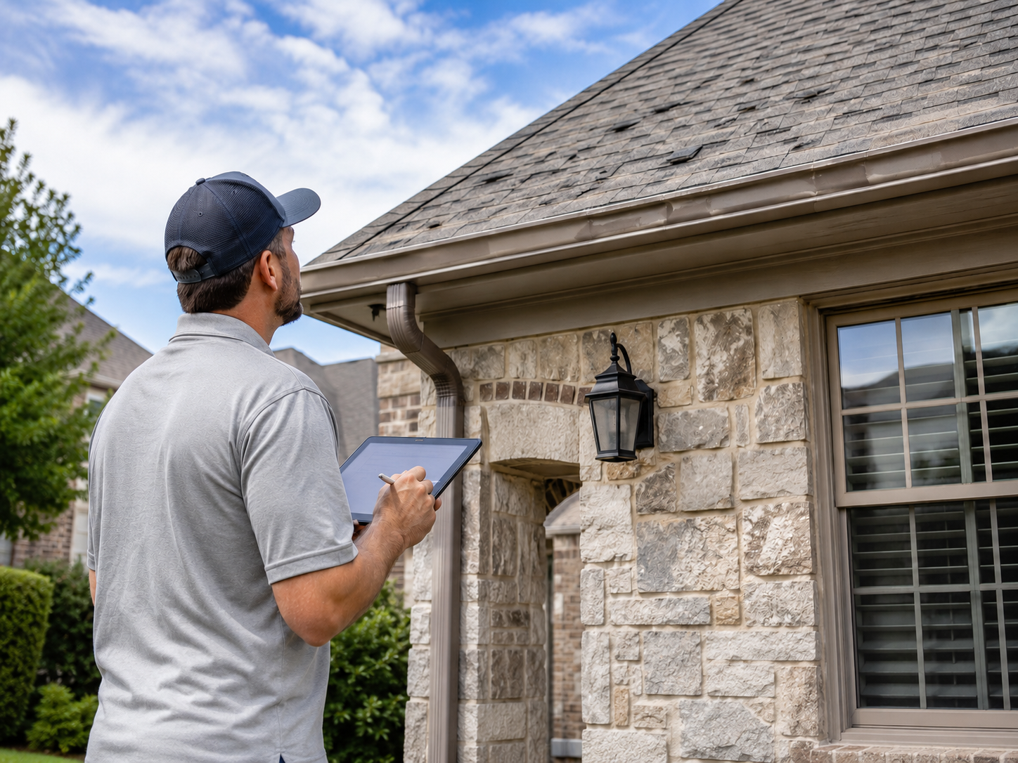 Caldwell Exteriors roofing contractor inspecting lifted and damaged shingles on a residential roof in Frisco, Texas – documenting storm damage with a tablet.