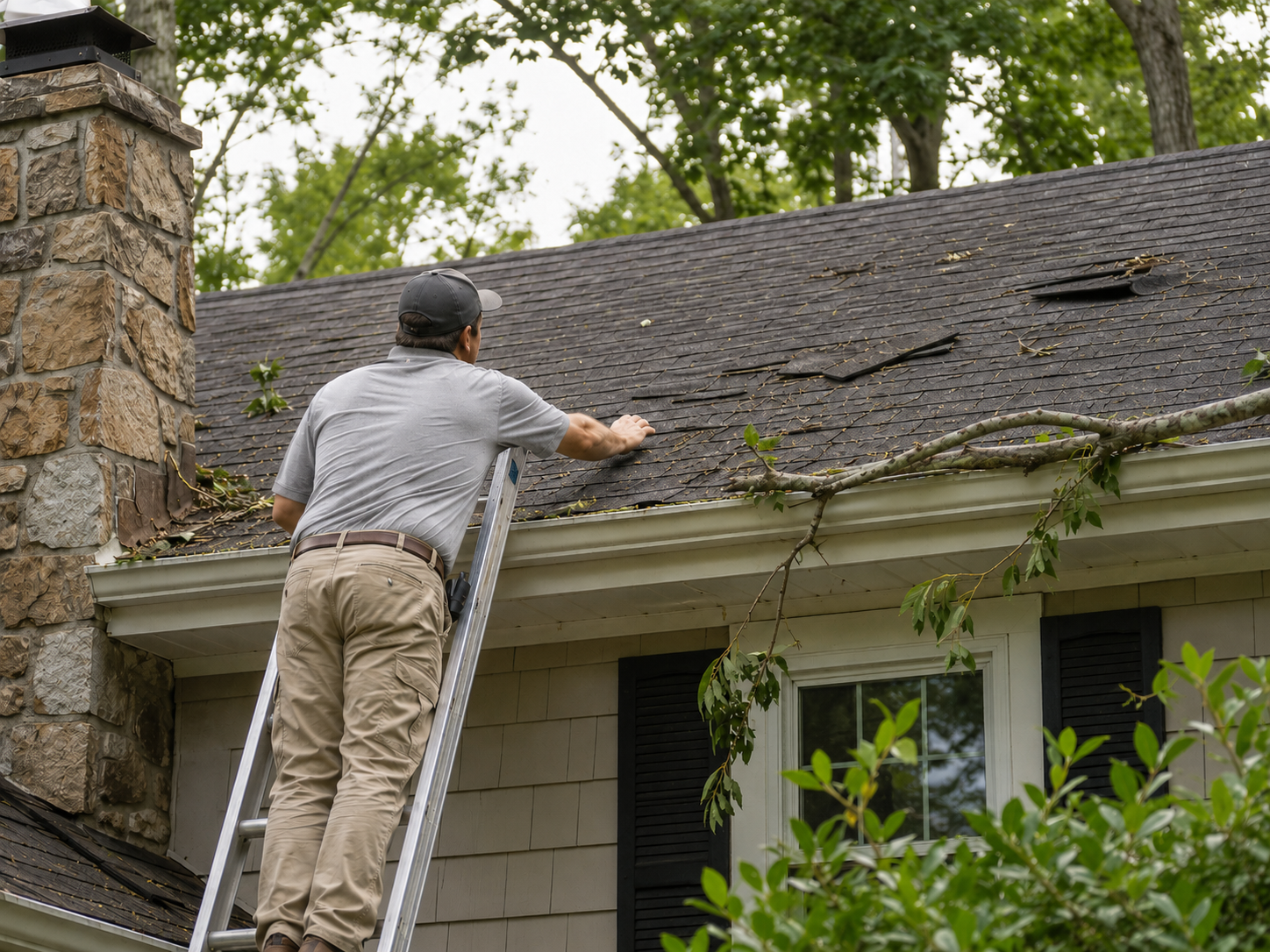 Caldwell Exteriors roofing contractor inspecting storm-damaged shingles and fallen tree debris on a residential roof in Habersham County, Georgia.